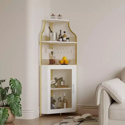 Meuble d'angle de bar industriel avec lumières, rangement à 5 niveaux, étagère en verre et porte-bouteilles amovibles, étagères réglables, buffet à liqueur peu encombrant