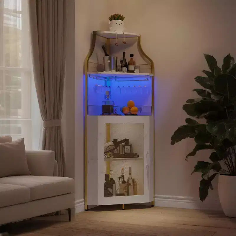 Meuble d'angle de bar industriel avec lumières, rangement à 5 niveaux, étagère en verre et porte-bouteilles amovibles, étagères réglables, buffet à liqueur peu encombrant