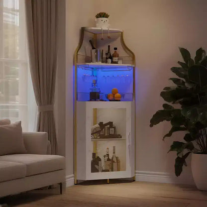 Meuble d'angle de bar industriel avec lumières, rangement à 5 niveaux, étagère en verre et porte-bouteilles amovibles, étagères réglables, buffet à liqueur peu encombrant