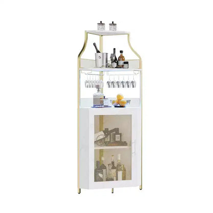 Meuble d'angle de bar industriel avec lumières, rangement à 5 niveaux, étagère en verre et porte-bouteilles amovibles, étagères réglables, buffet à liqueur peu encombrant