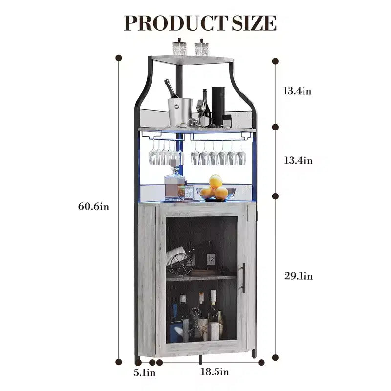 Meuble d'angle de bar industriel avec lumières, rangement à 5 niveaux, étagère en verre et porte-bouteilles amovibles, étagères réglables, buffet à liqueur peu encombrant