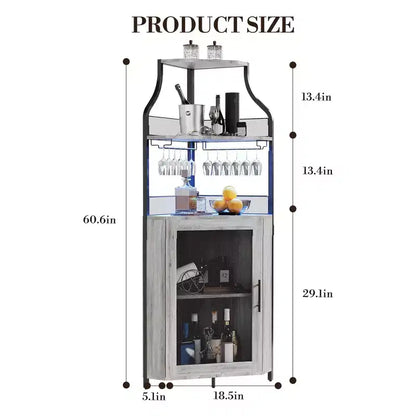 Meuble d'angle de bar industriel avec lumières, rangement à 5 niveaux, étagère en verre et porte-bouteilles amovibles, étagères réglables, buffet à liqueur peu encombrant