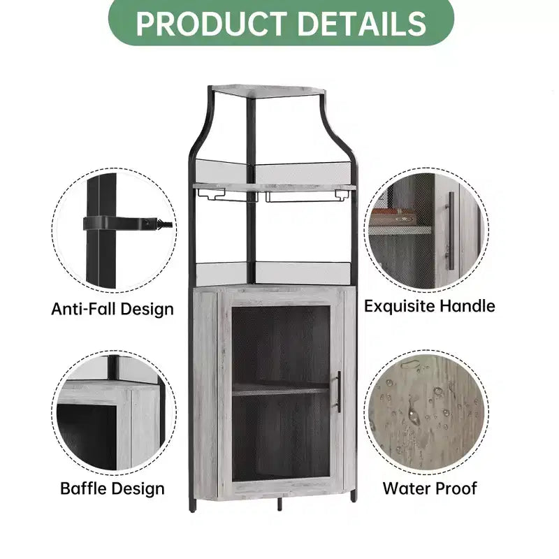 Meuble d'angle de bar industriel avec lumières, rangement à 5 niveaux, étagère en verre et porte-bouteilles amovibles, étagères réglables, buffet à liqueur peu encombrant
