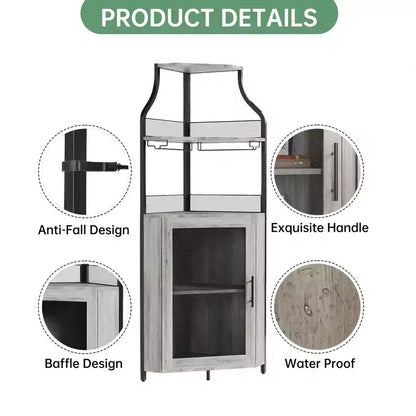 Meuble d'angle de bar industriel avec lumières, rangement à 5 niveaux, étagère en verre et porte-bouteilles amovibles, étagères réglables, buffet à liqueur peu encombrant