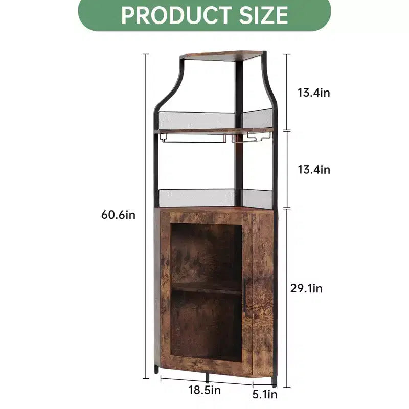 Meuble d'angle de bar industriel avec lumières, rangement à 5 niveaux, étagère en verre et porte-bouteilles amovibles, étagères réglables, buffet à liqueur peu encombrant