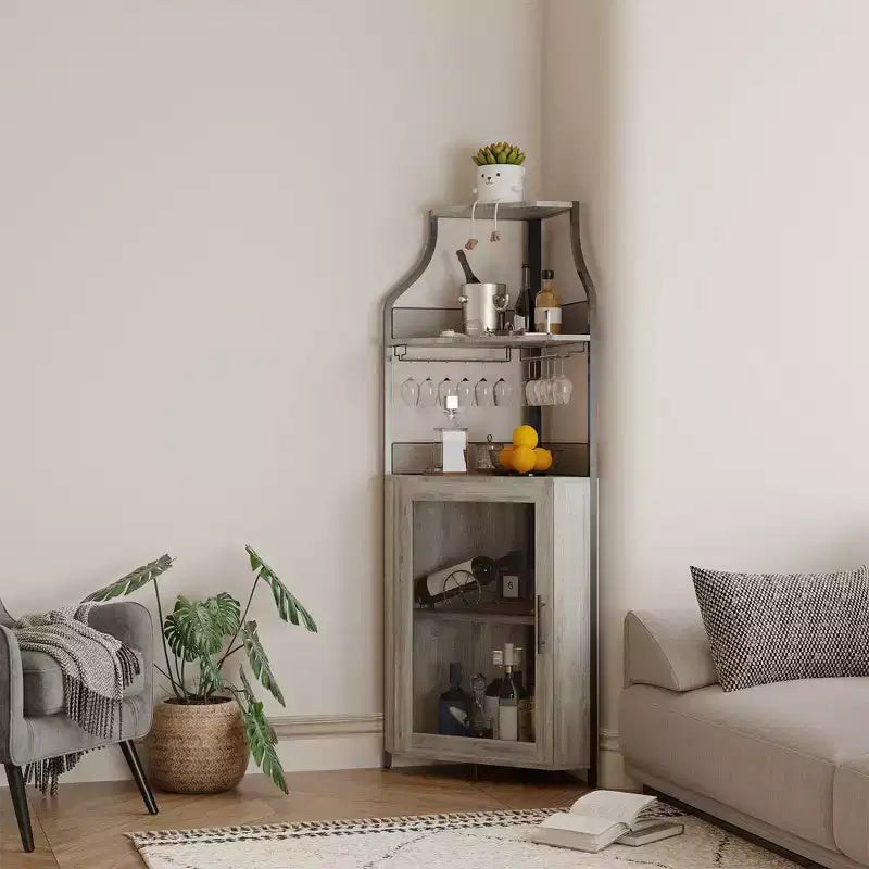 Meuble d'angle de bar industriel avec lumières, rangement à 5 niveaux, étagère en verre et porte-bouteilles amovibles, étagères réglables, buffet à liqueur peu encombrant