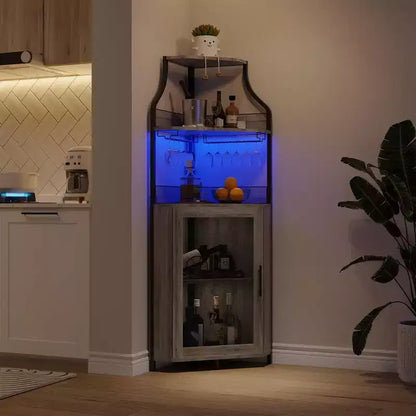 Meuble d'angle de bar industriel avec lumières, rangement à 5 niveaux, étagère en verre et porte-bouteilles amovibles, étagères réglables, buffet à liqueur peu encombrant