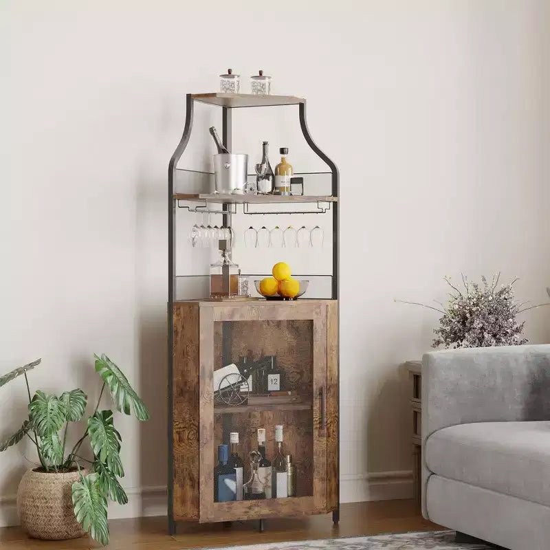 Meuble d'angle de bar industriel avec lumières, rangement à 5 niveaux, étagère en verre et porte-bouteilles amovibles, étagères réglables, buffet à liqueur peu encombrant