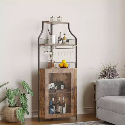 Meuble d'angle de bar industriel avec lumières, rangement à 5 niveaux, étagère en verre et porte-bouteilles amovibles, étagères réglables, buffet à liqueur peu encombrant