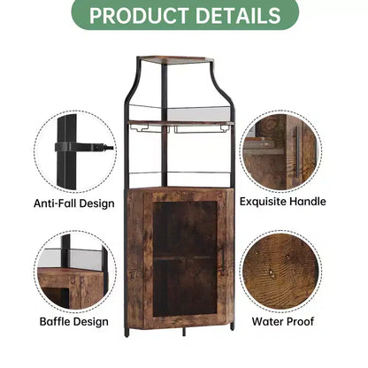 Meuble d'angle de bar industriel avec lumières, rangement à 5 niveaux, étagère en verre et porte-bouteilles amovibles, étagères réglables, buffet à liqueur peu encombrant