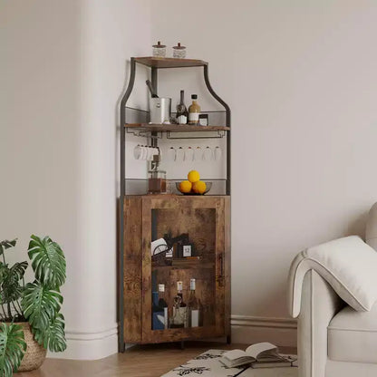 Meuble d'angle de bar industriel avec lumières, rangement à 5 niveaux, étagère en verre et porte-bouteilles amovibles, étagères réglables, buffet à liqueur peu encombrant