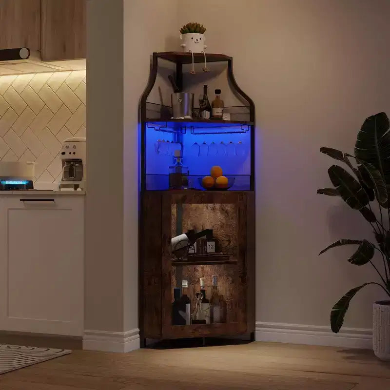 Meuble d'angle de bar industriel avec lumières, rangement à 5 niveaux, étagère en verre et porte-bouteilles amovibles, étagères réglables, buffet à liqueur peu encombrant