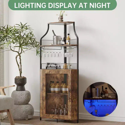 Meuble d'angle de bar industriel avec lumières, rangement à 5 niveaux, étagère en verre et porte-bouteilles amovibles, étagères réglables, buffet à liqueur peu encombrant