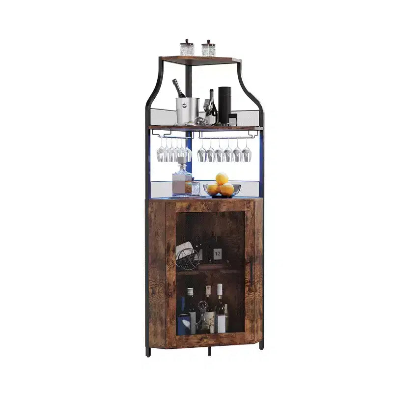 Meuble d'angle de bar industriel avec lumières, rangement à 5 niveaux, étagère en verre et porte-bouteilles amovibles, étagères réglables, buffet à liqueur peu encombrant