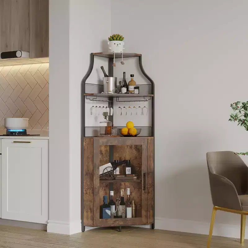 Industrial Corner Bar Cabinet with Lights,5-Tier Storage, Removable Glass & Wine Rack, Adjustable Shelves,Space-Saving Liquor Sideboard