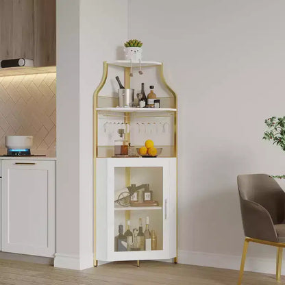 Meuble d'angle de bar industriel avec lumières, rangement à 5 niveaux, étagère en verre et porte-bouteilles amovibles, étagères réglables, buffet à liqueur peu encombrant
