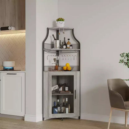 Meuble d'angle de bar industriel avec lumières, rangement à 5 niveaux, étagère en verre et porte-bouteilles amovibles, étagères réglables, buffet à liqueur peu encombrant