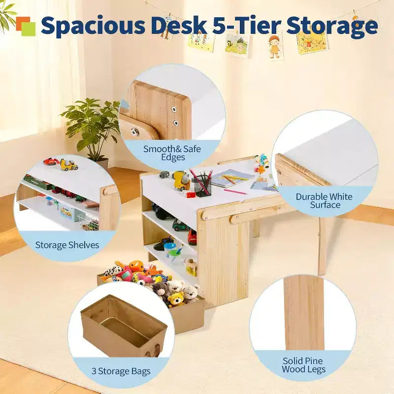 Bureau de jeu créatif avec 2 boîtes de rangement, ensemble mobilier table et chaise pliantes, table réglable pour l'école et la maison