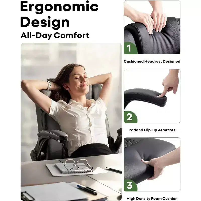 BALHAM TRADE - Fauteuil de bureau ergonomique en cuir PU avec accoudoirs relevables et roulettes fluides pour bureau à domicile