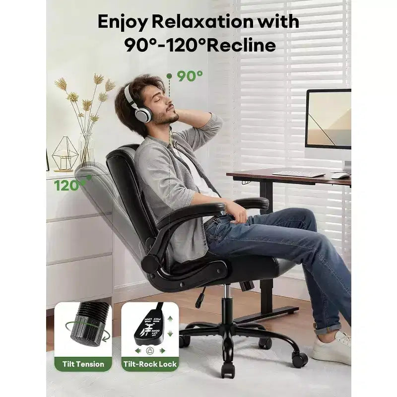 BALHAM TRADE - Fauteuil de bureau ergonomique en cuir PU avec accoudoirs relevables et roulettes fluides pour bureau à domicile