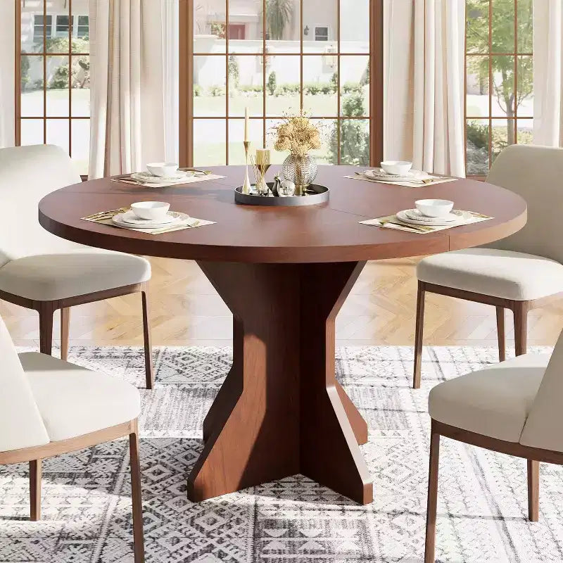 Table à manger ronde pour 4-6 personnes, table de cuisine circulaire de 120 cm avec piédestal robuste, meubles de salle à manger pour petits espaces dans le salon