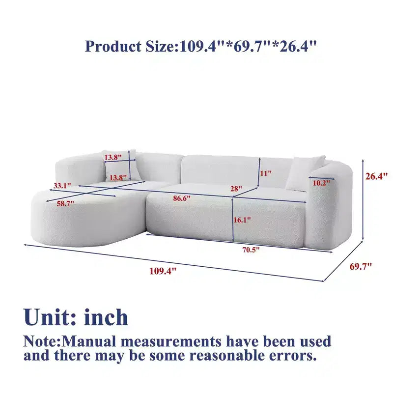 Clihome Canapé d'angle modulable 109,4 po en forme de L, avec méridienne gauche en tissu chenille et 2 oreillers, modèle Cloud