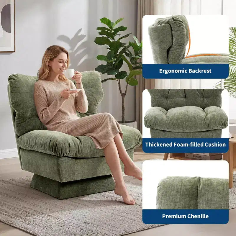Fauteuil pivotant Acekool 360, fauteuil de lecture en chenille avec coussin épais pour salon ou chambre à coucher