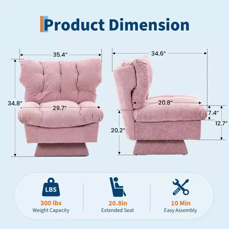 Fauteuil pivotant Acekool 360, fauteuil de lecture en chenille avec coussin épais pour salon ou chambre à coucher