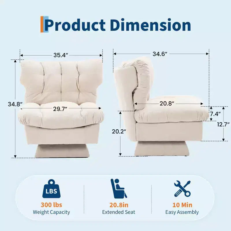 Fauteuil pivotant Acekool 360, fauteuil de lecture en chenille avec coussin épais pour salon ou chambre à coucher