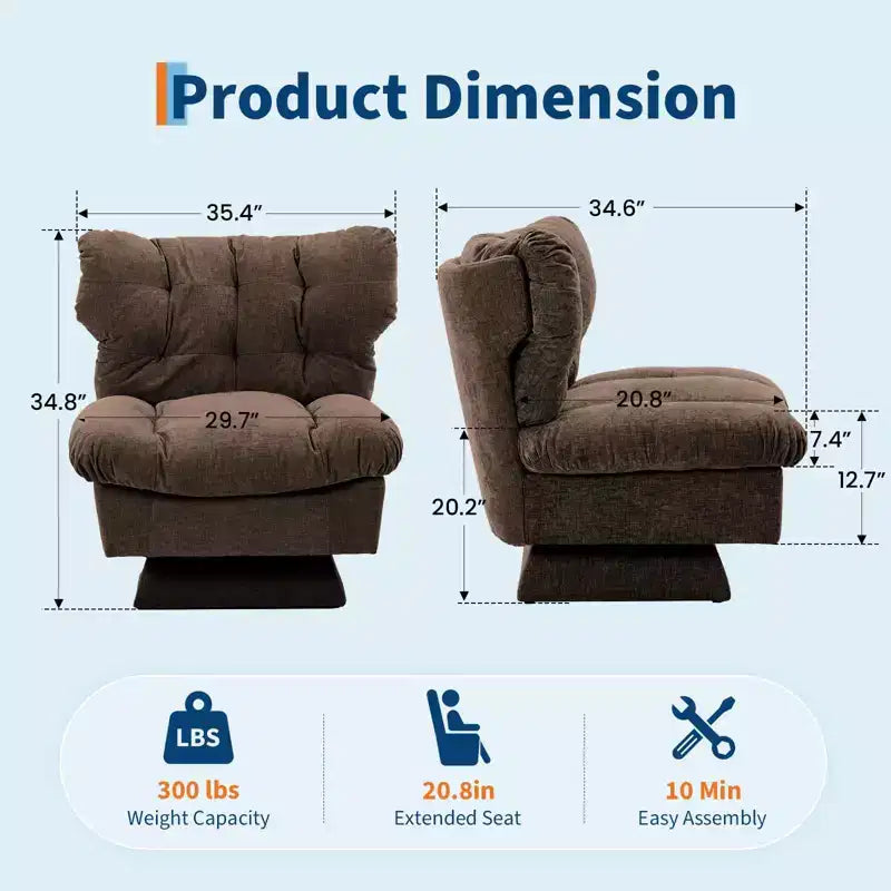 Fauteuil pivotant Acekool 360, fauteuil de lecture en chenille avec coussin épais pour salon ou chambre à coucher