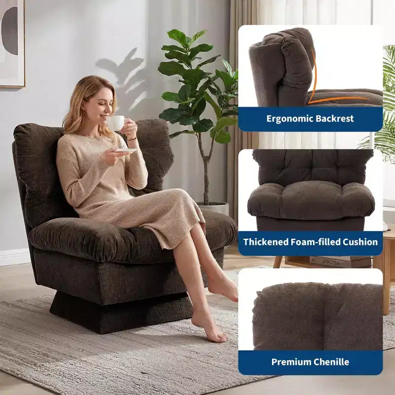 Fauteuil pivotant Acekool 360, fauteuil de lecture en chenille avec coussin épais pour salon ou chambre à coucher