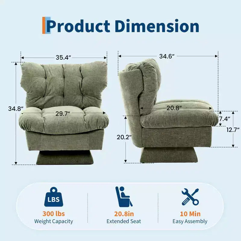 Fauteuil pivotant Acekool 360, fauteuil de lecture en chenille avec coussin épais pour salon ou chambre à coucher