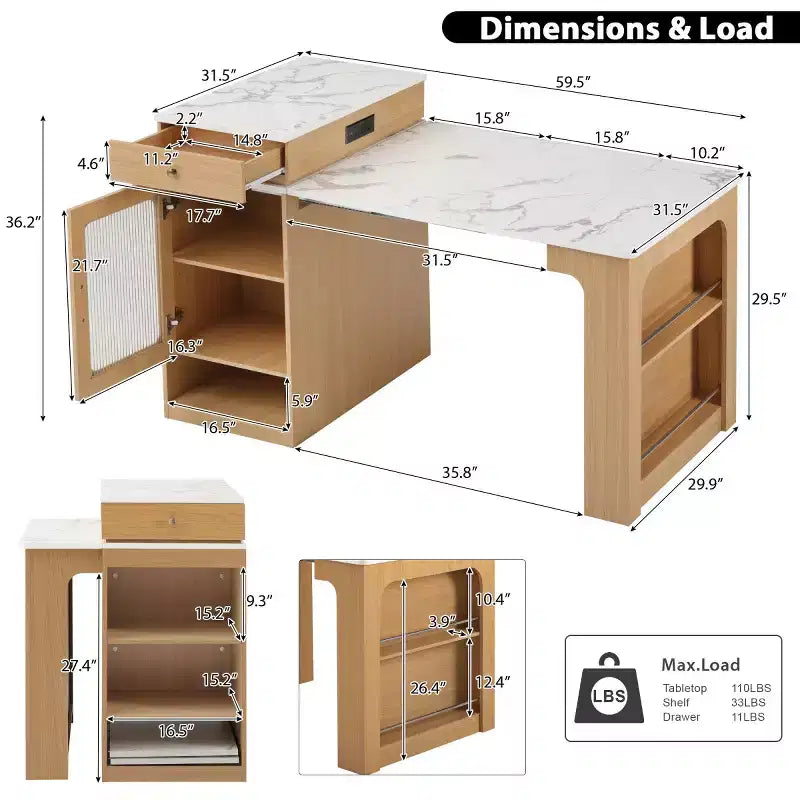 Îlot de cuisine moderne avec table à manger extensible, table de rangement de cuisine peu encombrante pour cuisine ou salle à manger-Panipeachy