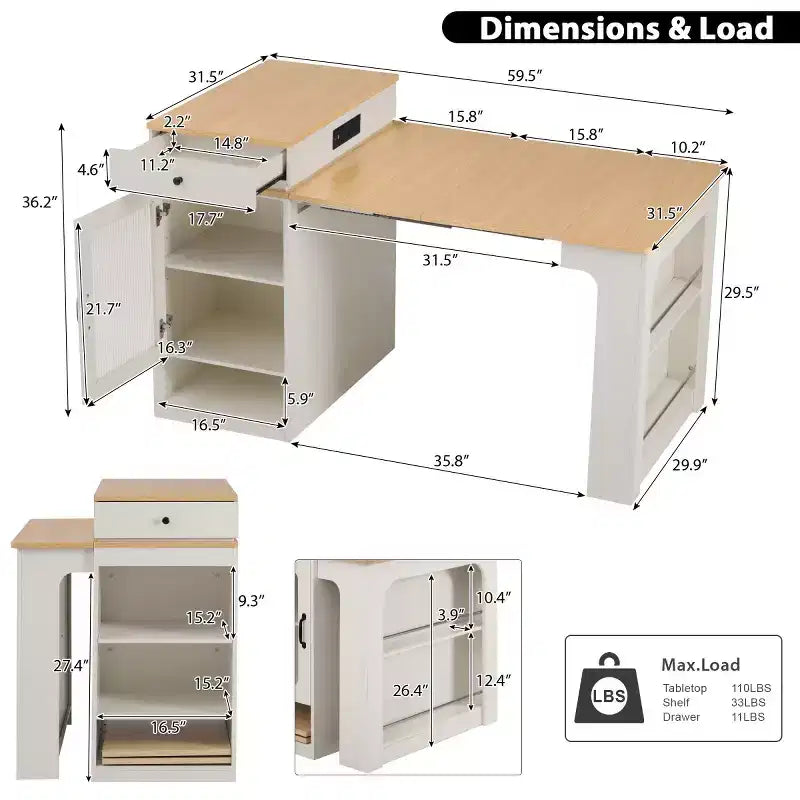 Îlot de cuisine moderne avec table à manger extensible, table de rangement de cuisine peu encombrante pour cuisine ou salle à manger-Panipeachy