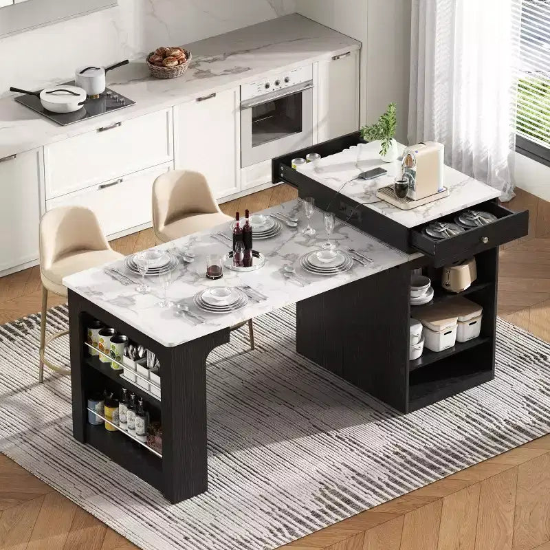 Modern Kitchen Island with Extendable Dining Table, Space-Saving Kitchen Storage Table for Kitchen or Dining Room-Panipeachy