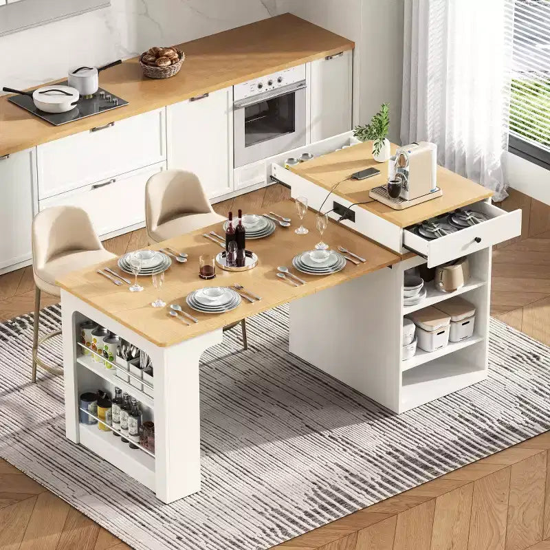 Îlot de cuisine moderne avec table à manger extensible, table de rangement de cuisine peu encombrante pour cuisine ou salle à manger-Panipeachy