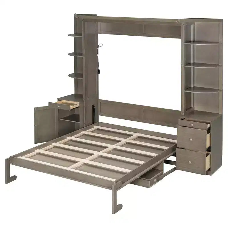 Lit escamotable Queen Size avec étagères de rangement et armoires, lit armoire Queen en bois avec bureau, lit mural pliable pour chambre d'amis ou bureau