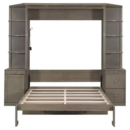 Lit escamotable Queen Size avec étagères de rangement et armoires, lit armoire Queen en bois avec bureau, lit mural pliable pour chambre d'amis ou bureau