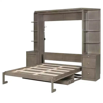 Lit escamotable Queen Size avec étagères de rangement et armoires, lit armoire Queen en bois avec bureau, lit mural pliable pour chambre d'amis ou bureau