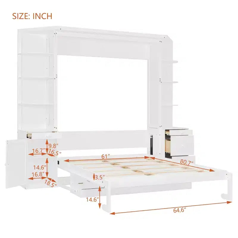 Lit escamotable Queen Size avec étagères de rangement et armoires, lit armoire Queen en bois avec bureau, lit mural pliable pour chambre d'amis ou bureau