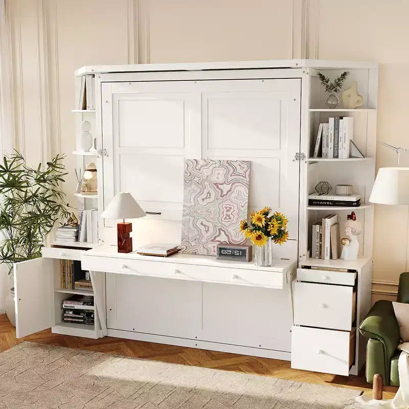 Lit escamotable Queen Size avec étagères de rangement et armoires, lit armoire Queen en bois avec bureau, lit mural pliable pour chambre d'amis ou bureau