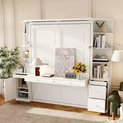 Lit escamotable Queen Size avec étagères de rangement et armoires, lit armoire Queen en bois avec bureau, lit mural pliable pour chambre d'amis ou bureau
