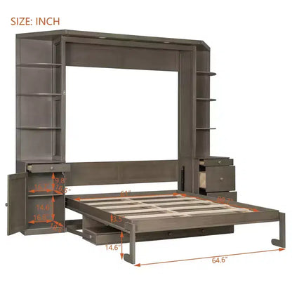 Lit escamotable Queen Size avec étagères de rangement et armoires, lit armoire Queen en bois avec bureau, lit mural pliable pour chambre d'amis ou bureau