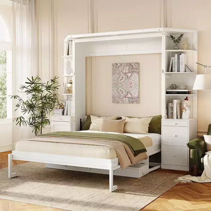 Lit escamotable Queen Size avec étagères de rangement et armoires, lit armoire Queen en bois avec bureau, lit mural pliable pour chambre d'amis ou bureau