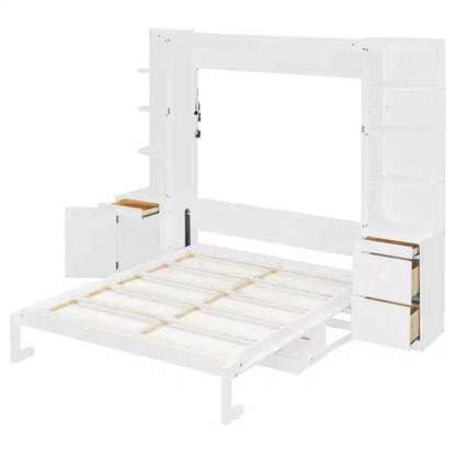 Lit escamotable Queen Size avec étagères de rangement et armoires, lit armoire Queen en bois avec bureau, lit mural pliable pour chambre d'amis ou bureau