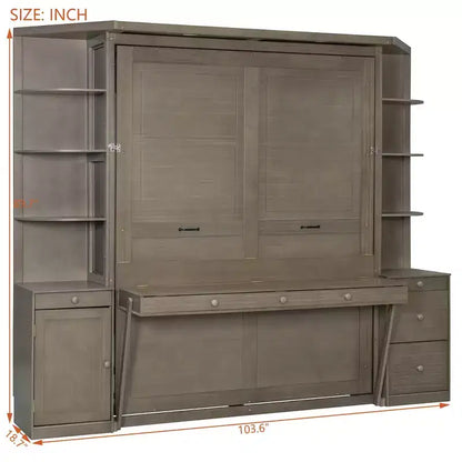 Lit escamotable Queen Size avec étagères de rangement et armoires, lit armoire Queen en bois avec bureau, lit mural pliable pour chambre d'amis ou bureau