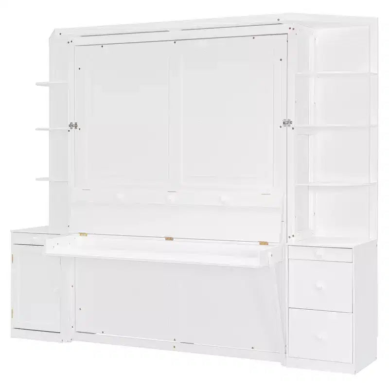 Lit escamotable Queen Size avec étagères de rangement et armoires, lit armoire Queen en bois avec bureau, lit mural pliable pour chambre d'amis ou bureau