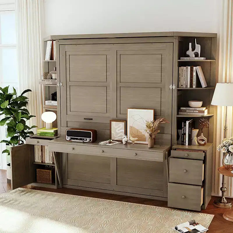 Lit escamotable Queen Size avec étagères de rangement et armoires, lit armoire Queen en bois avec bureau, lit mural pliable pour chambre d'amis ou bureau