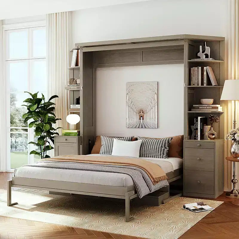 Lit escamotable Queen Size avec étagères de rangement et armoires, lit armoire Queen en bois avec bureau, lit mural pliable pour chambre d'amis ou bureau