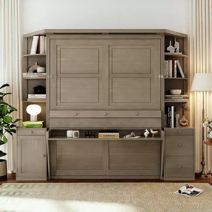 Queen Size Murphy Bed with Storage Shelves and Cabinets, Wooden Queen Cabinet Bed Wall Bed with Desk, Folding Wall Chest Bed for Guest Room Office